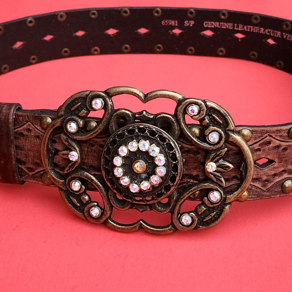 Aldo Genuine Leather Studded Belt With Beautiful Brass Buckle Size S - Picture 5 of 9